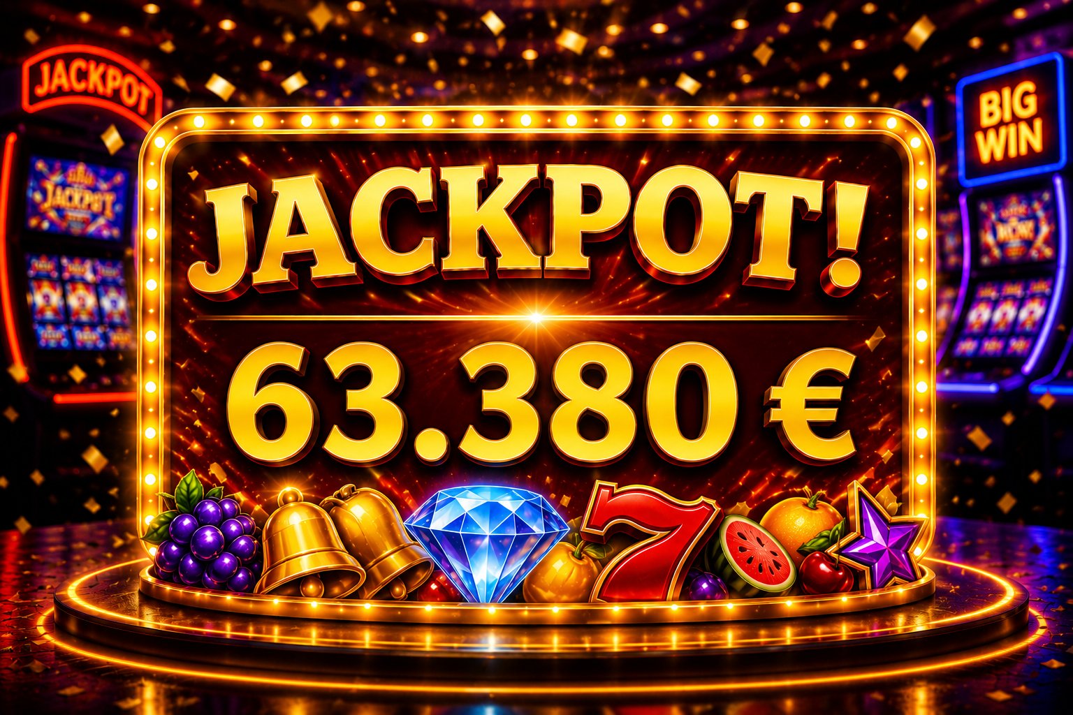 Golden illuminated casino sign with text JACKPOT! 63.380 € and slot machine symbols such as golden bells, diamond, and number seven with golden confetti celebrating the win on August 30, 2026 at Casino Bremerhaven.